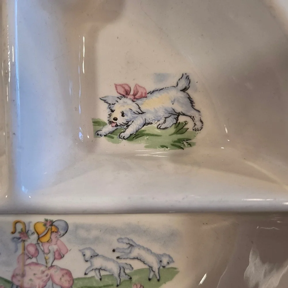 Vintage Baby Divided warming‎  Dish Plate Pink Trim Nursery Rhyme lil bow peep